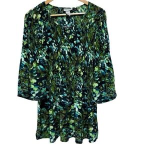 Catherines Blouse Womens 1X 18 Green Watercolor Pleated Flare Sleeve Lightweight